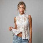 2026 Summer Women's Retro Lace Tops Elegant Mandarin Collar Chinese Frog Buttons Peplum Sleeveless Vest Blouses