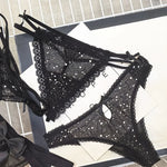 Sexy Women's Thong Erotic Cross Hollow T Pants Starry Sky Shiny Sequins Black Mesh Transparent Bow Perspective Briefs Lingerie