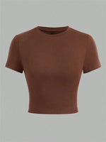 Solid Color Basic Cropped Tshirts for Women Casual Round Neck Short Sleeve Crop Top Summer Slim Fit Tee Shirt Streetwear