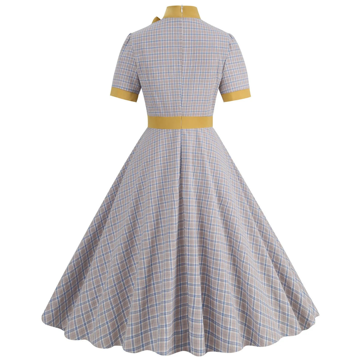Retro Women's Plaid Dress Stand Neck Short Sleeve Cotton Dresses Lace Up Bow Tie Pleated Swing Vestidos Vintage Court Dresses