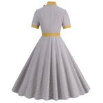 Retro Women's Plaid Dress Stand Neck Short Sleeve Cotton Dresses Lace Up Bow Tie Pleated Swing Vestidos Vintage Court Dresses