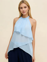 Women Summer Trendy Asymmetrical Layered Backless Shirts Solid Color Chiffon Halter Tops for Streetwear