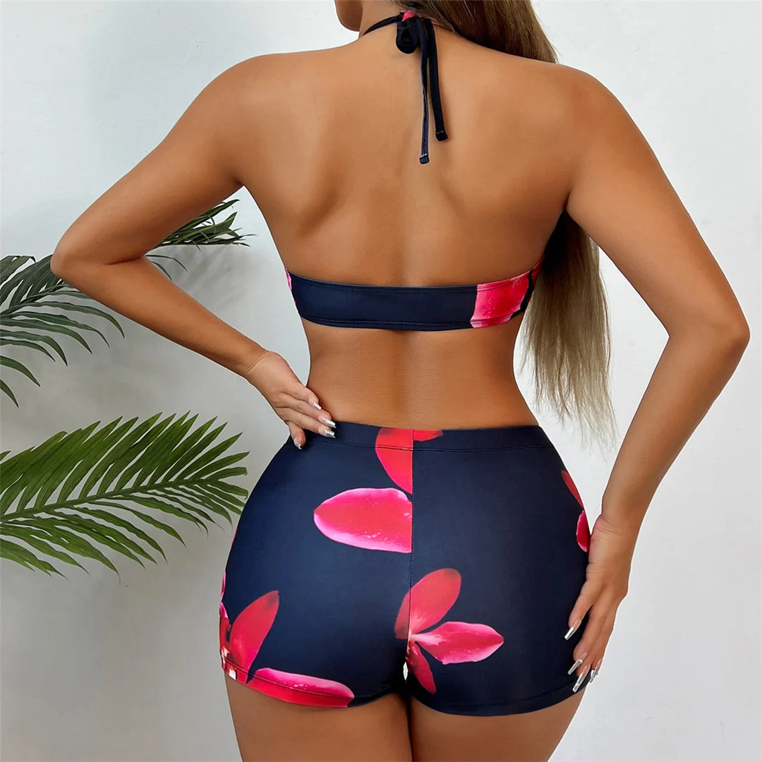 S - XL Long Sleeve Cover Up Flowers Bikini Female Swimsuit Three-Pieces Bikini Set Women Swimwear Bather Bathing Suit Swim V7232