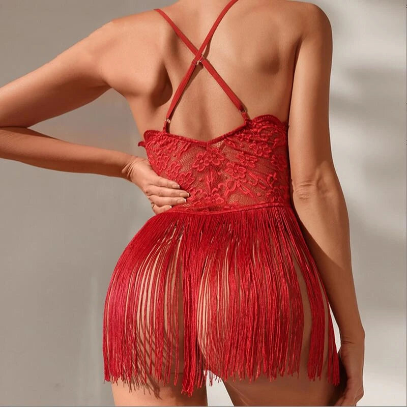 erotic bra sets lingerie Tassel mesh perspective hollow out lace sexy design sexy hot underwear women crotchless lingere set