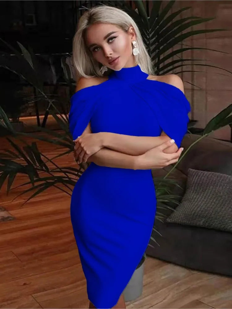 2024 New Solid Color Slim Midi Dresses Women Halter Neck Off Shoulder Package Hip Bodycon Elegant Temperament Ladies Party Dress