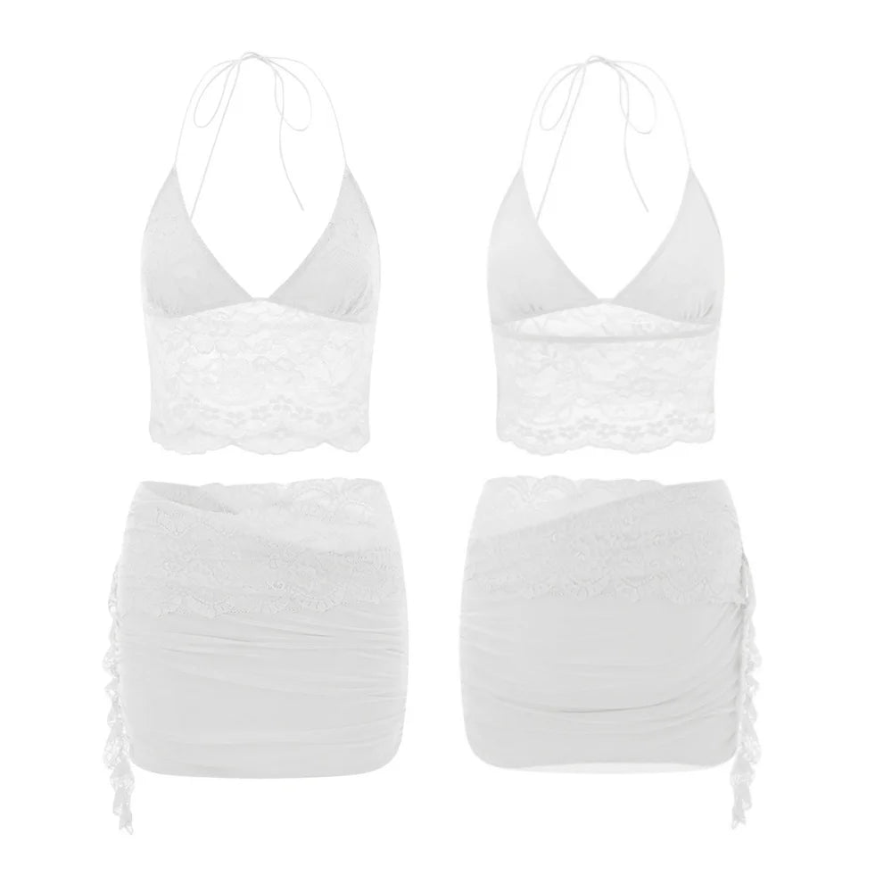 Women Lace Flower 2 Piece Sets Sleeveless Corset Cami Tops + Cut Out Tie-up Mini Skirts Sets Sexy Streewear