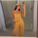 Women Pant Set Sheer Layers Spaghetti Strap Backless Lace Top Straps Solid Loose Straight Elastic Hem Fashion Beach Chic Suits