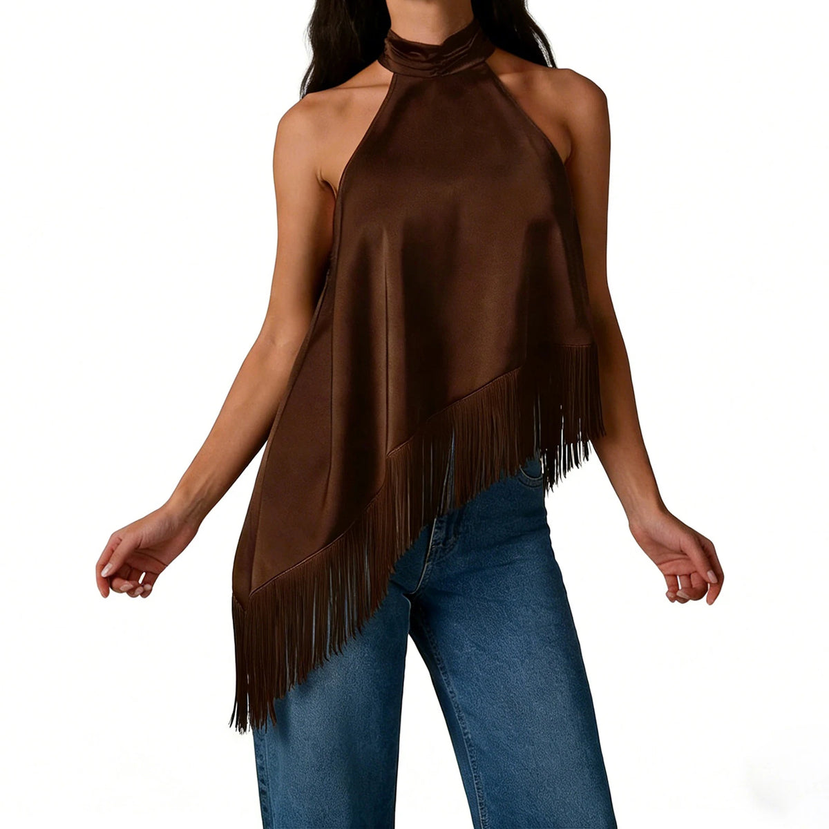 Women's Summer Solid Color Satin Halter Mock Neck Tops Sleeveless Tassel Hem Loose Fit Tank Tops
