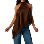 Women's Summer Solid Color Satin Halter Mock Neck Tops Sleeveless Tassel Hem Loose Fit Tank Tops