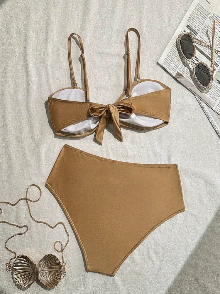 Sexy Metal Shell High Waist Bikini Set Women Black Coffee Pleate Push Up Two Piece Swimsuit 2026 Holiday Bathing Suit Swimwear