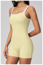 Tight Fitting One-piece Yoga Suit Women Color Bloack Square Collar Hollow Out Backless Butt-Lifting Gym Sports Short Jumpsuit