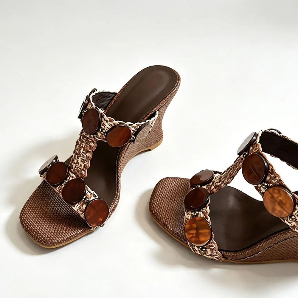 Boho Raffia Comfortable 8cm High Heels Wedge Slide Mules T-Strap Vacation Beach Straw Heels Espadrille Wedge Sandals Women Shoes