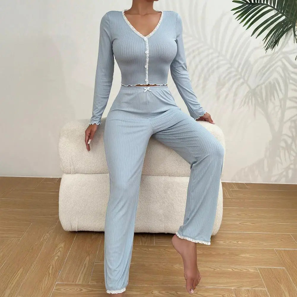 Womens Lace Trim Ribbed Knit Pajamas Set Long Sleeve Crop Top Wide Leg Pants Lounge Set 2 Piece Sleepwear