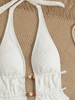 New White Pearls V Neck One Piece Swimwear Women 2026 Hollow Out Bandage Backless Swimsuit Summer Holiday Bathing Suit Monokini