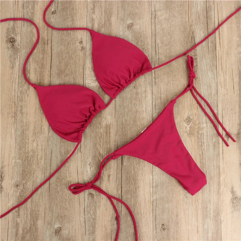 2025 Sexy Halter Solid Color Bikini Set Women's Swimsuit Two-Piece Triangle Thong Swimwear Bathing Suit for Beach Biquinis