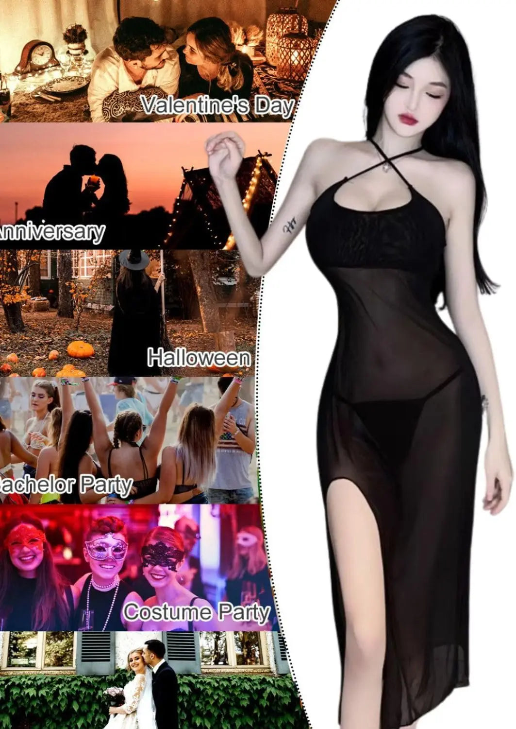 Women Sheer Mesh Lingerie Dress, Black High Slit Nightdress with G-String, Spaghetti Strap Backless Babydoll Sleepwear