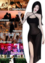 Women Sheer Mesh Lingerie Dress, Black High Slit Nightdress with G-String, Spaghetti Strap Backless Babydoll Sleepwear