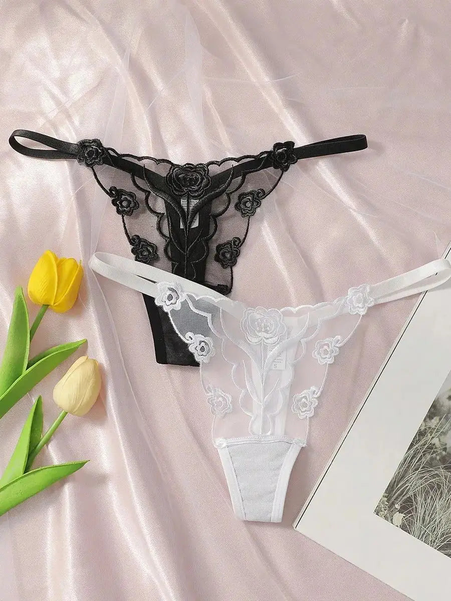 2pcs Ladies' New Lace Sexy Black And White Embroidered Flower Print Sexy Set Thong Underwear C2648