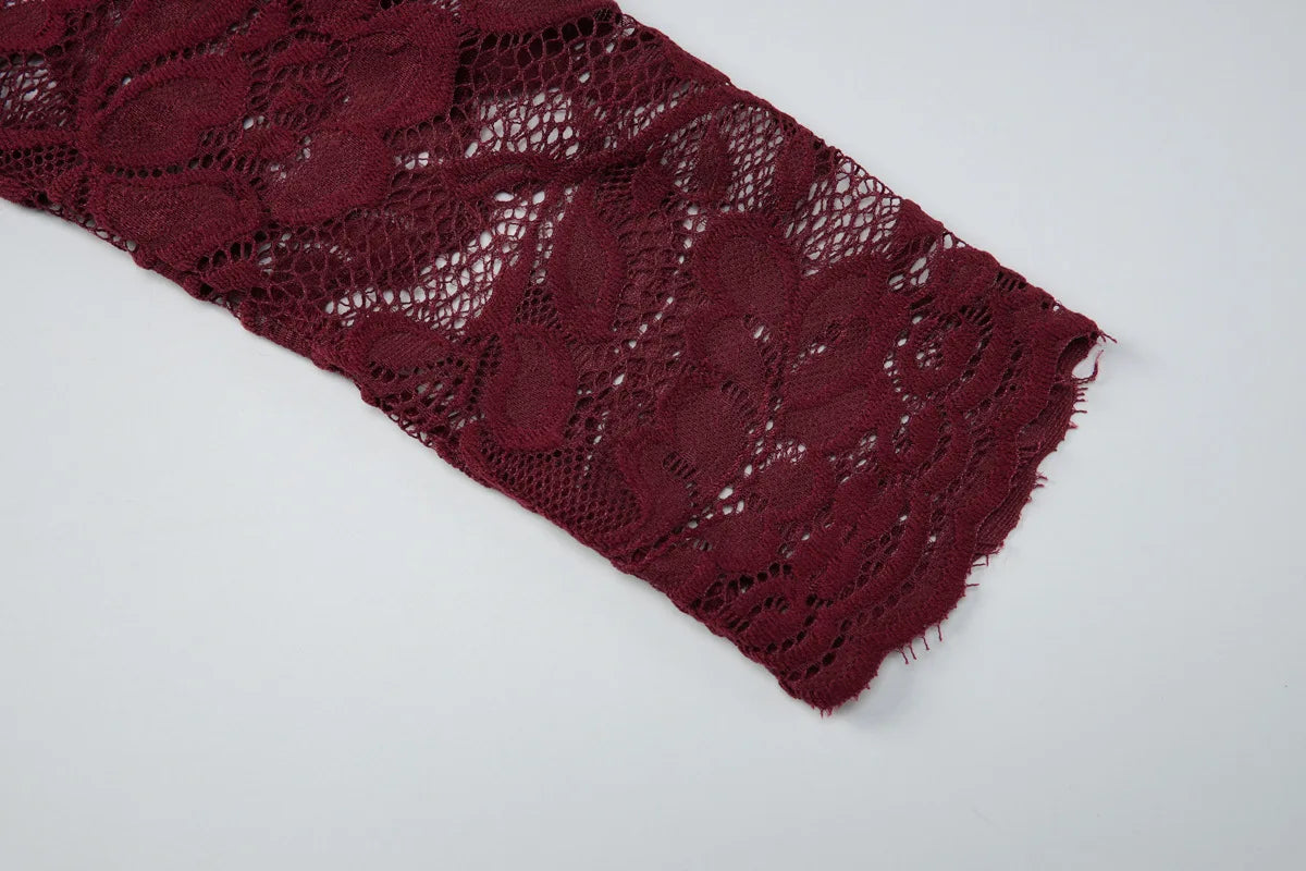 FDYOUI 2026 Spring Summer Wine Red Lace T-shirts for Women Slash Neck Slim Crop Tops Sexy Elegant See-through Short Tee Shirt