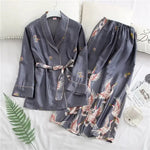 Crane Print Silk Satin Female Pajamas Retro Long Sleeve Robe with Trouser Sleepwear Comfortable Wedding Nightwear for Home