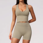 Seamless Gym Yoga Sets Women Breathable I-shaped Shock-absorbing Slim Sports Tank Top High Waist Shorts Training Fitness Suit