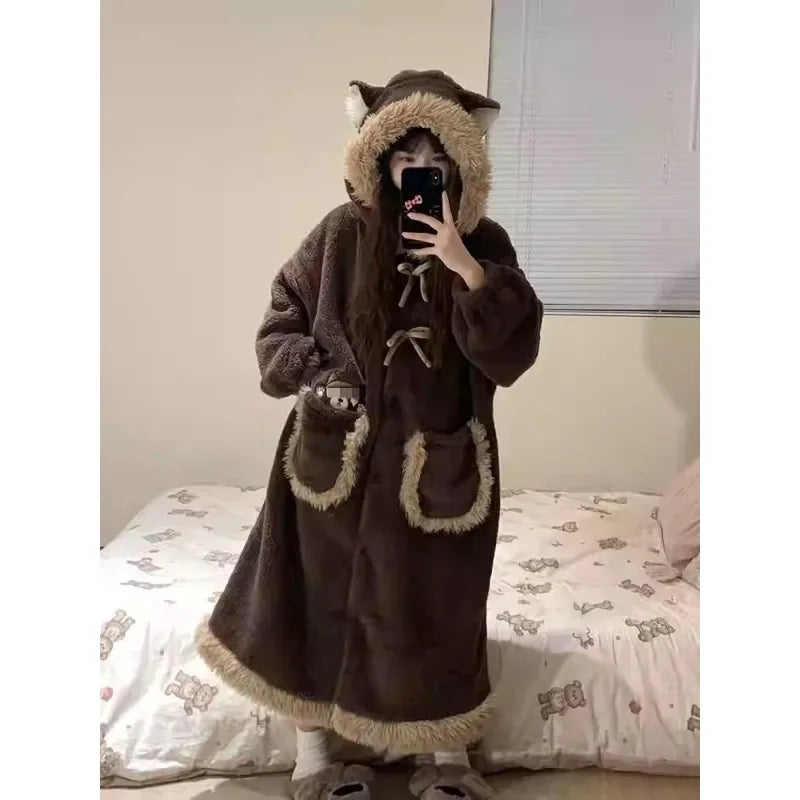 Cute Coral Velvet Hooded Pajamas Long Robes Women Winter Warm Soft Plush Thickened Night Gown Students Homewear Bath Robe 2025