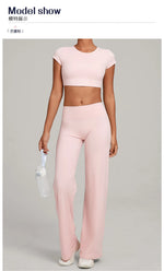 Women's Tracksuit Yoga Sets Back Hollow Out Short Sleeve Sports Shirts High Waist Straight Leg Pants Gym Running Fitness Suits
