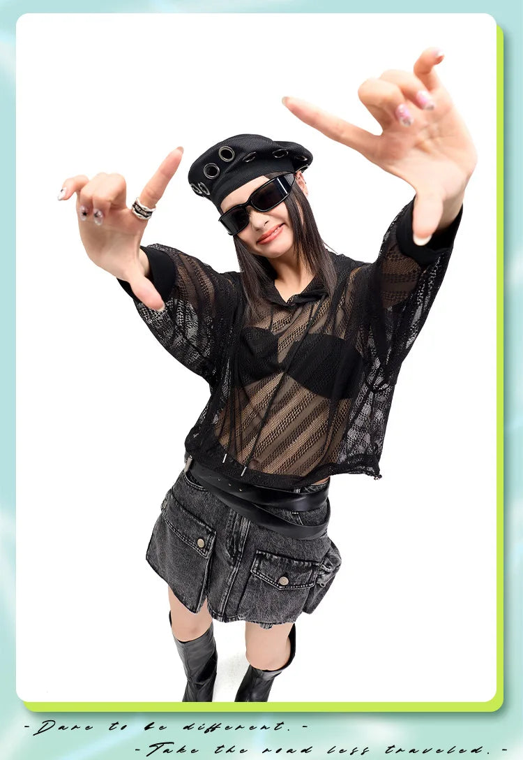 Lazy sun protection long-sleeved T-shirt summer pure lust hottie thin loose air-conditioned blouse hollow top