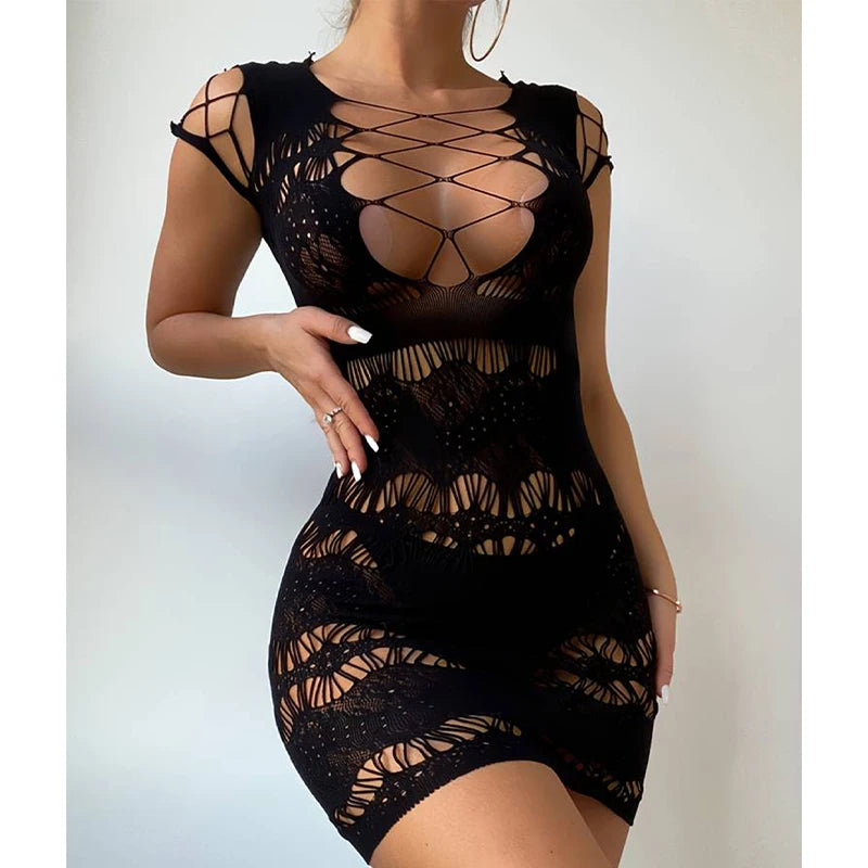 Women Sexy FishnetCover Up, Sheer Bodycon Sleepwear See Through Beachwear Without Bikini