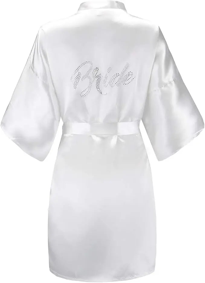 Women's Satin Kimono Robes with Rhinestones Bride Bridesmaid Short Getting Ready Wedding Dressing Gown