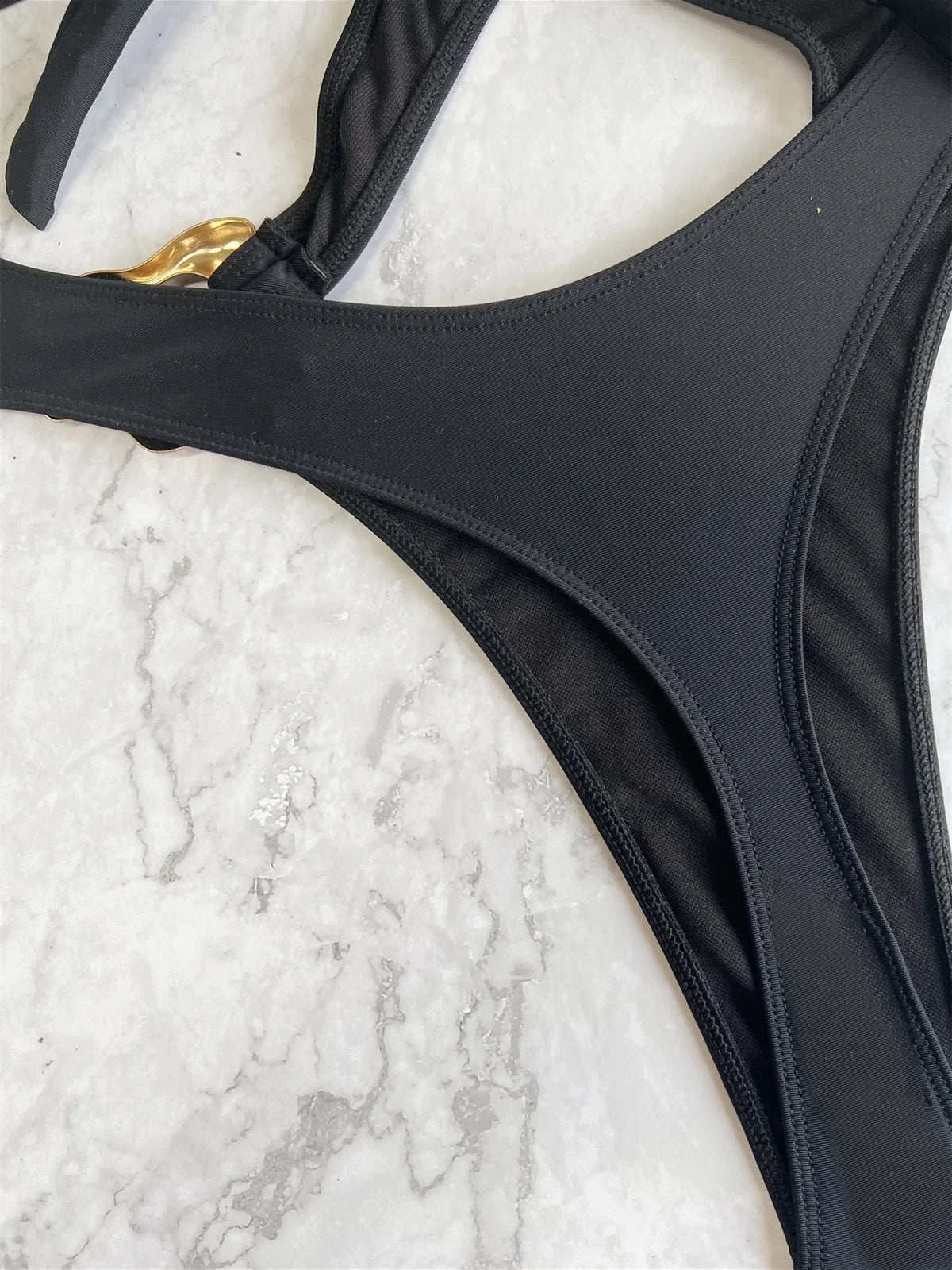 Sexy Black Ring Bikinis One Piece Cross Hollow High Waist Bathing Suits Biquini Back Tie Swimwear Women Beach Monokini Beachwear