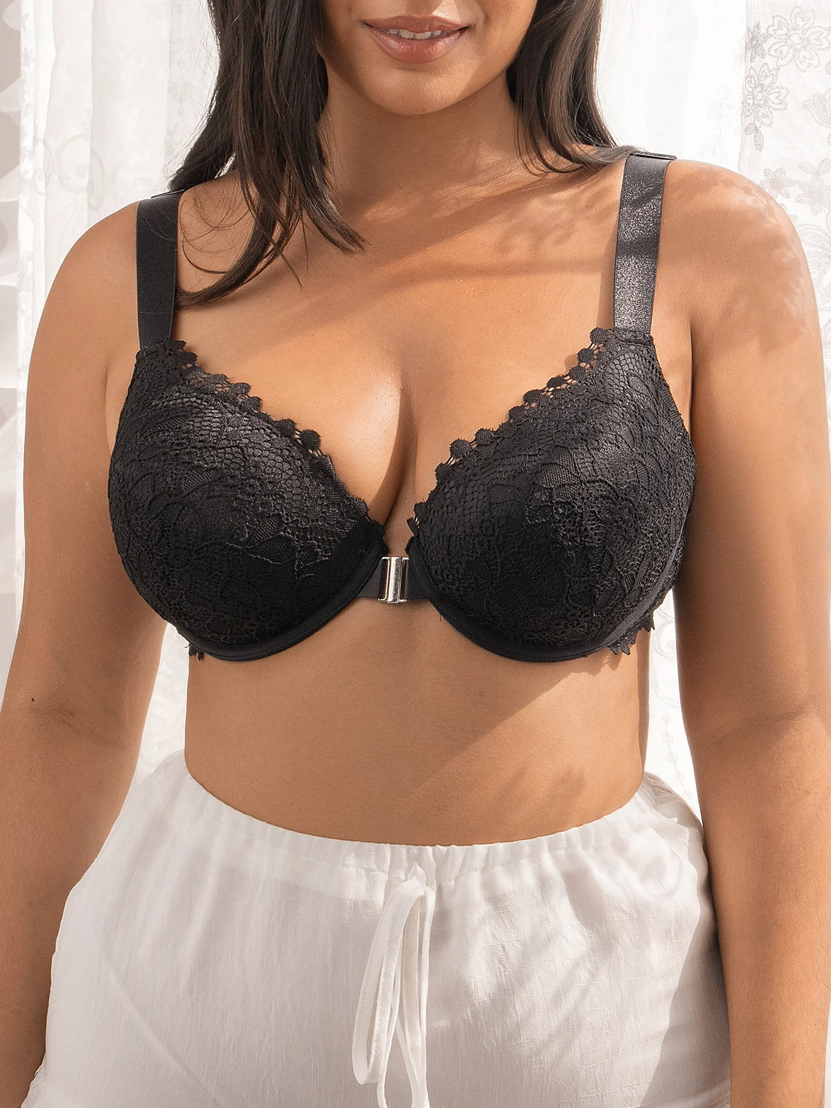 Wide Strap Lace Women Bra Front Closure Underwire Push Up Brassiere Plus Size C D E Cup Breathable Back Lingerie