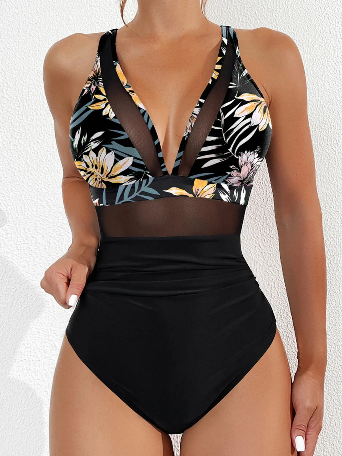 Solid Color One Piece Bikini for Women,sexy Deep-V Neck Suspender Backless Swimsuit,high Waist Translucent Striped Mesh Swimwear