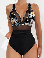 Solid Color One Piece Bikini for Women,sexy Deep-V Neck Suspender Backless Swimsuit,high Waist Translucent Striped Mesh Swimwear