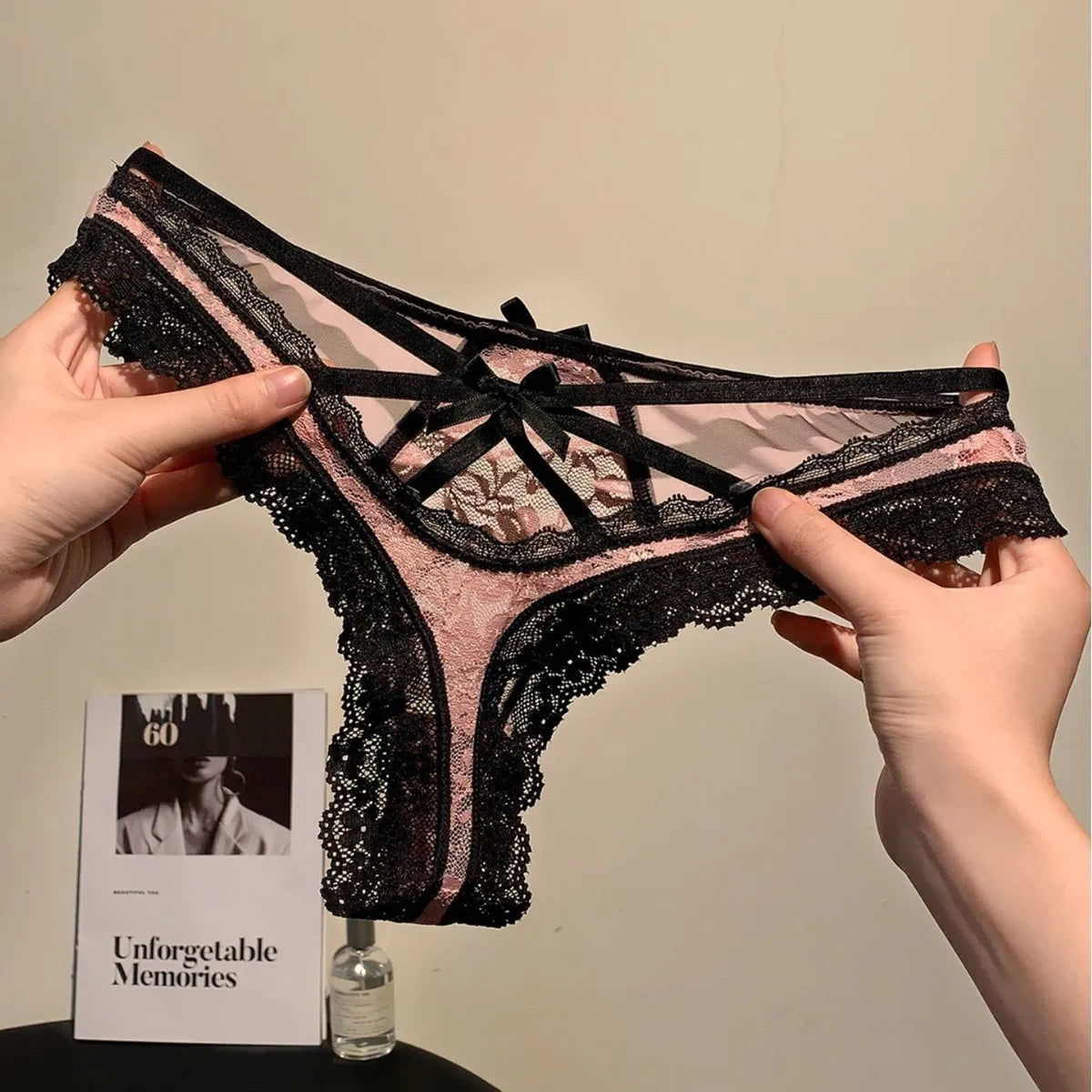 Women’s Flower Embroidery Sexy Thong Spicy Girl Lace Transparent Underpants Thin Summer Hollow Out Panties Bow Briefs