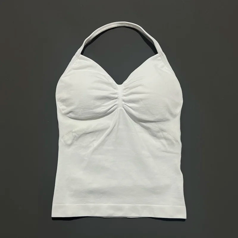 HISTELLO GYM Longline Strappy Top Women Seamless Yoga Clothing With Removable Pads V Neck Open Back Bra Workout Sports Halter