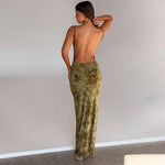FDYOUI Sexy Elegant Chain Backless Green Floral Evening Dress for Women Sleeveless Bodycon Long Cocktail Dresses Party Club Gown