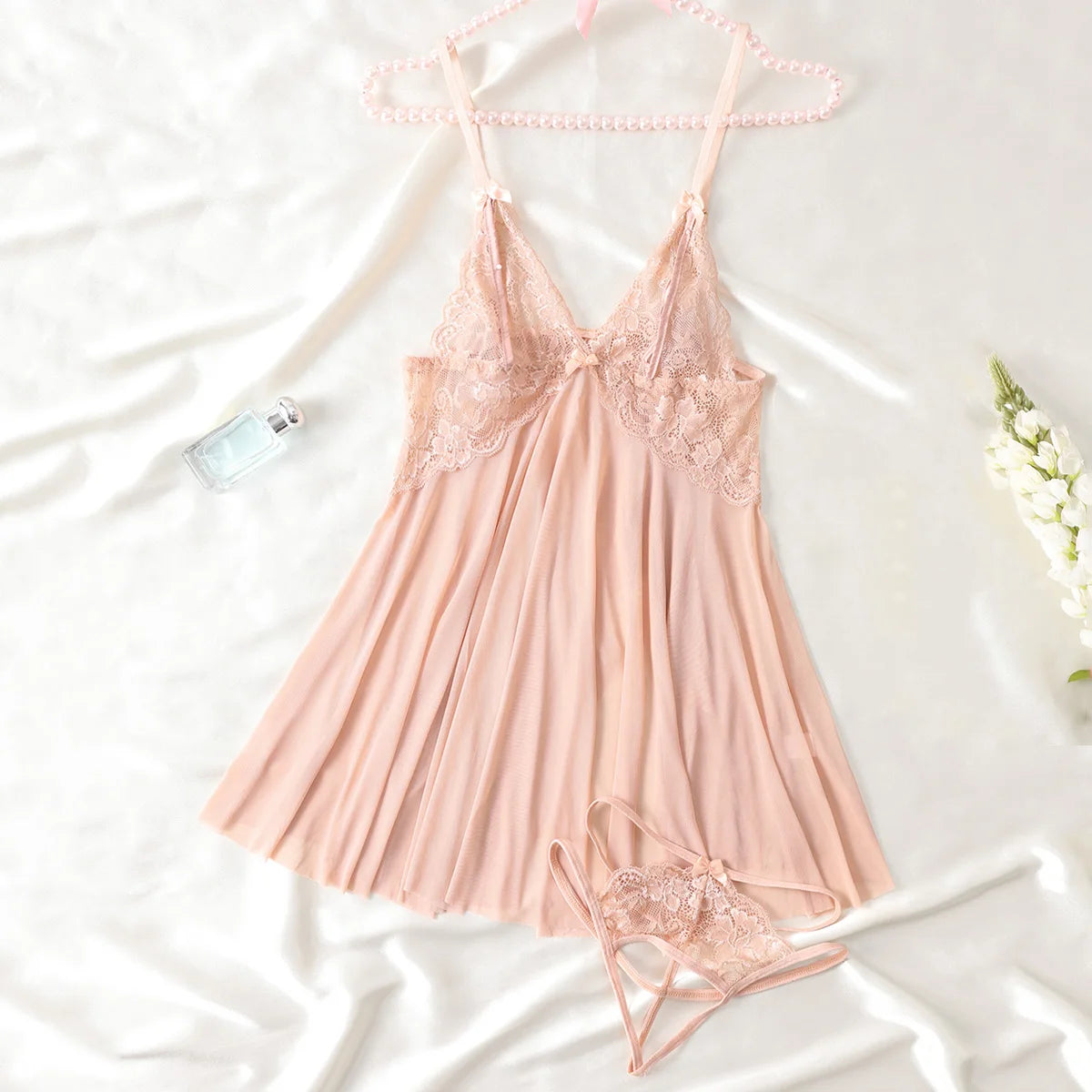 New Erotic Pajamas Set Lace Sleepwear For Women Exotic Cotumes Babydoll Transparent Dress Sexy Lingerie Hot Nightdress Open Bra
