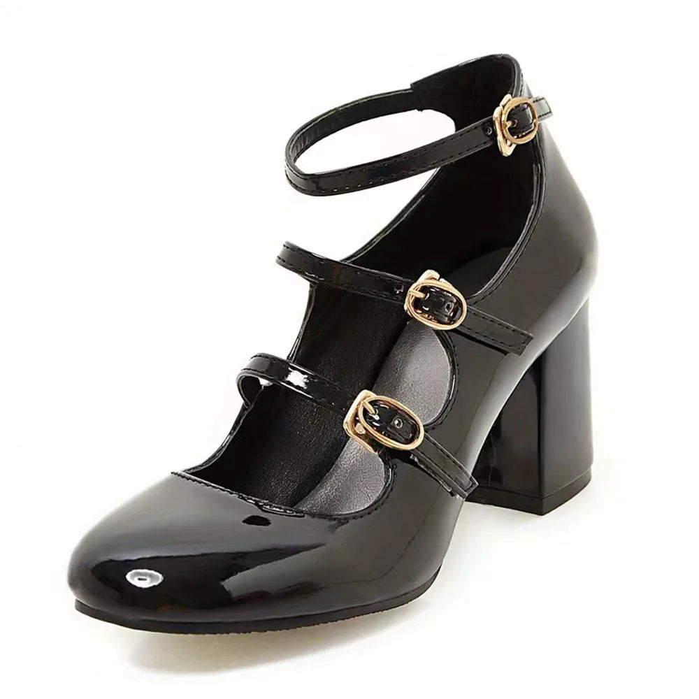 Brand New Big Size 43 Sweet Red Mary Jane Pumps Lovely 7cm High Heels Buckle Straps Party Shoes Black Office Lady Shoes Women