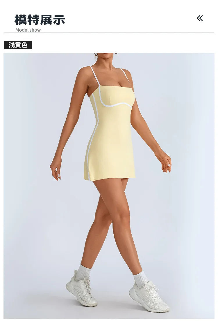 Women's Tennis Dress Summer Sleeveless Pink Contrast Workout Yoga Dresses Build in Shorts Fashion Tight Fitting Skirts Suit