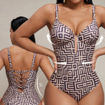 Sexy Coffee Geometry Print One Piece Swimsuit 2026 Women Underwire Push Up Bandage Back Cross Slim Fit Bathing Suit Swimwear