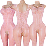 Pink Sexy Lingerie Mesh Bodystockings Teddy Crotchless Fishnet Hollow Open Bra Underwear Erotic Clothing Sexy Lace Bodysuit