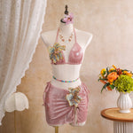 Sexy Beige 3D Flowers Embroidered Bikini Set 2026 Women Drawstring Cover Up 3 Piece Swimsuit Beach Bathing Suit Holiday Swimwear