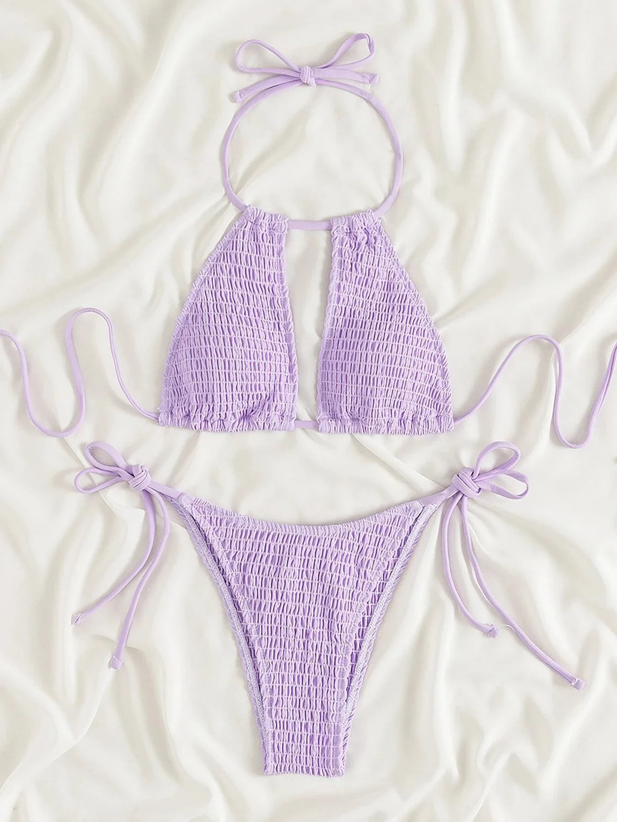 2025 Halter Tie Side Hollow Out Smocked Bikini Women Swimsuit Female Swimwear Two Pieces Bikini Set Swim Bathing Suit Beach Wear