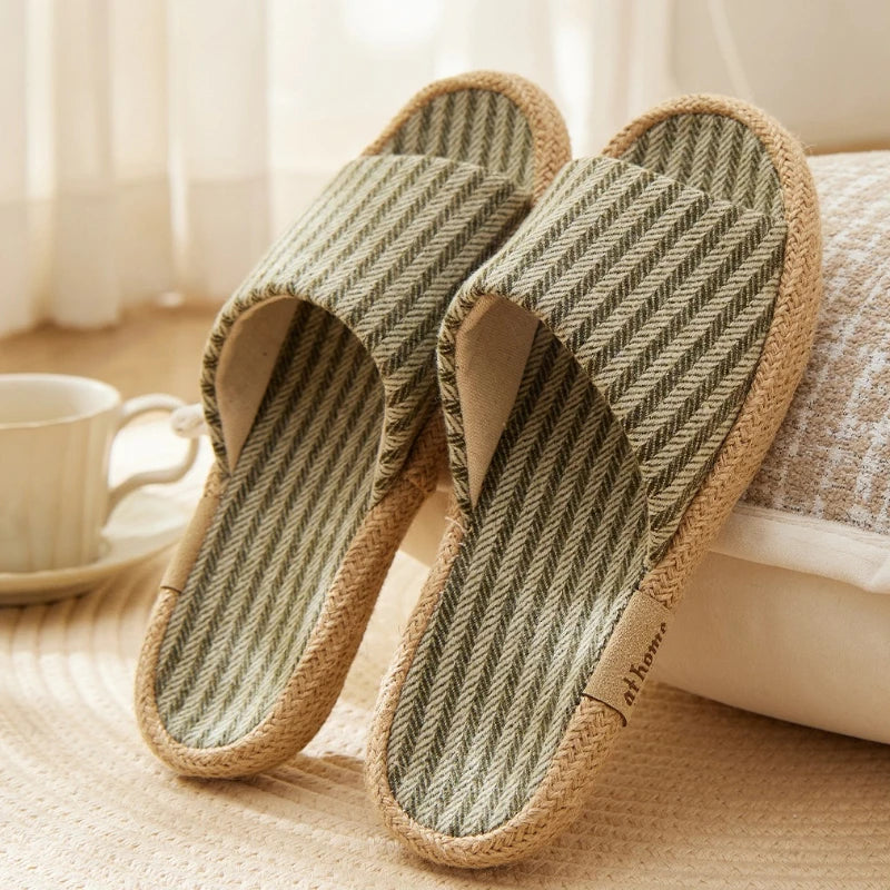 Janpanest Style Cotton Linen Slippers For Womeen Men Leisure House Shoes Striped Style Anti-slip Couples Home Breathable Slides