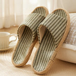 Janpanest Style Cotton Linen Slippers For Womeen Men Leisure House Shoes Striped Style Anti-slip Couples Home Breathable Slides