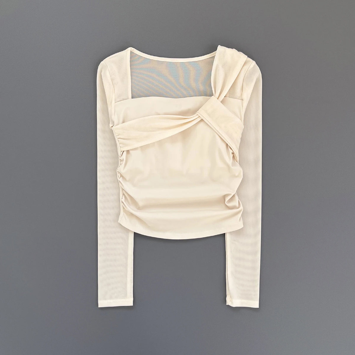 Women Square Neck Mesh Long Sleeve Yoga Top Shoulder Twist Side Ruched Soft Breathable Fitness Sports Tee ****