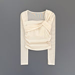 Women Square Neck Mesh Long Sleeve Yoga Top Shoulder Twist Side Ruched Soft Breathable Fitness Sports Tee ****