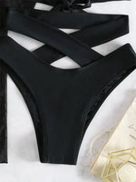Women Bathing Suit 3 Piece Swimsuit Mesh Kimono High Waist Bikini Bandage Long Sleeve Beach Cover Up Swimwear Black Bikinis