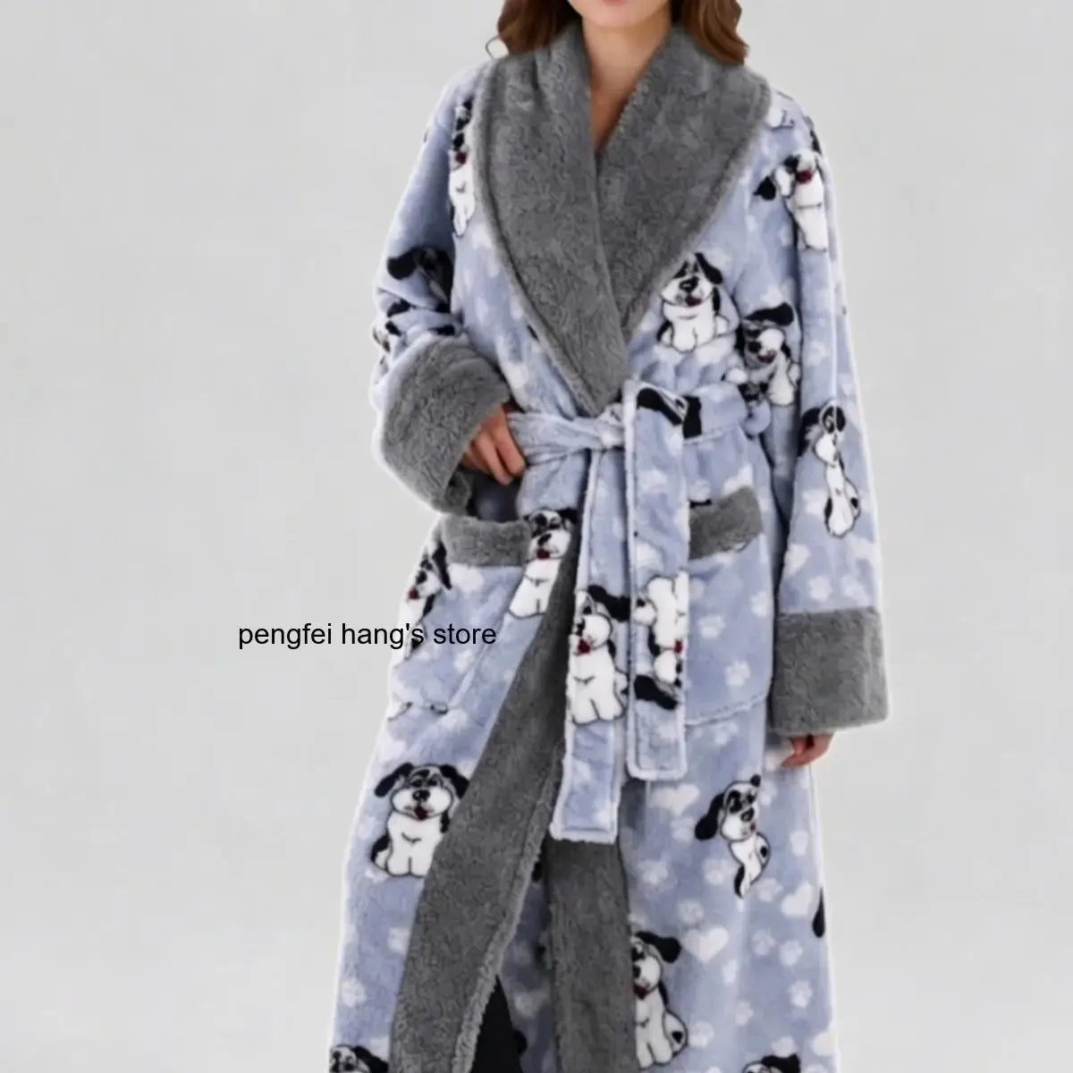 Warm Flannel Long Couples Robe Autumn Winter Color Block Lapel Funny Cartoon Print Bathrobe with Double Pockets Loungewear